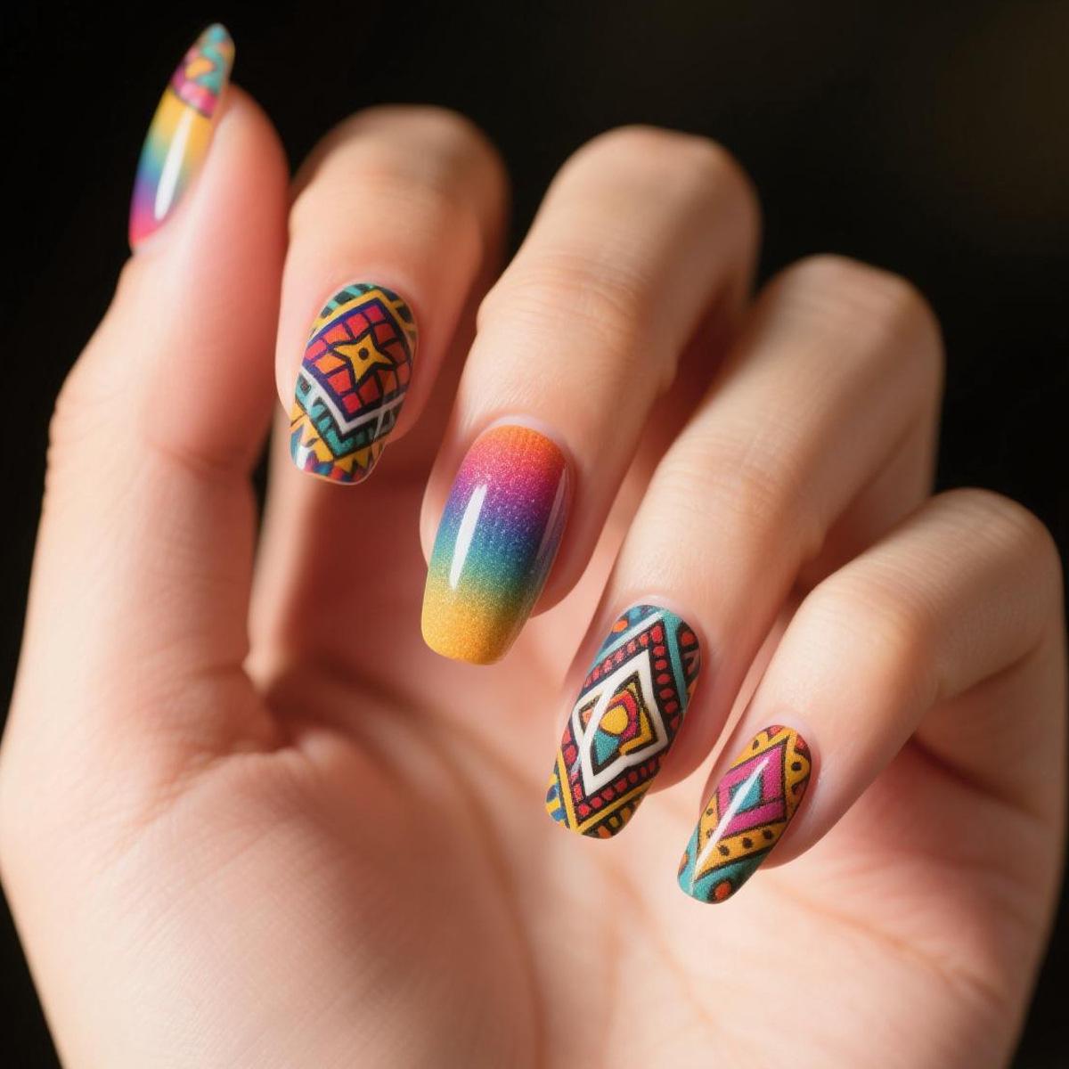 Multicolor Gradient Striped Nail Stickers for Medium-length European Square Nails: Spring & Summer Fashion No Accessories