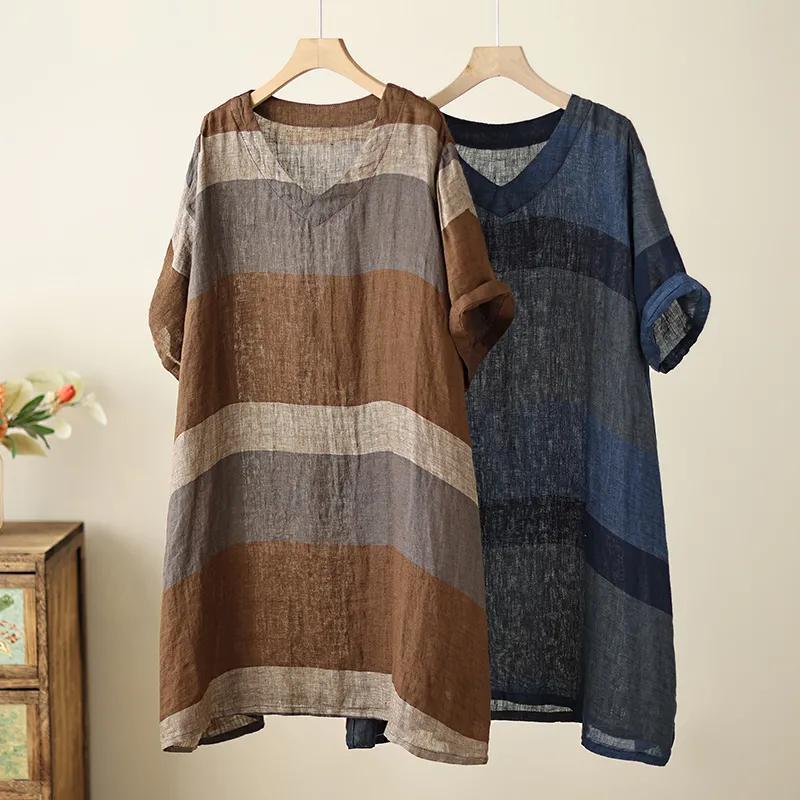 

Striped Cotton and Linen T-shirt Dress Women s Summer Thin Loose Mid-length V-neck Short-sleeved Women s T-shirt Skirt S синій