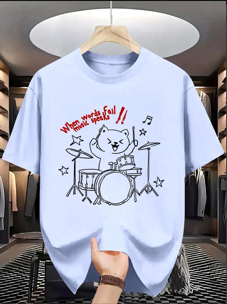 Unisexs Hip Hop Tshirt Minimalist Line Art Drumming Bear Music Slogan Print Loose Fit Daily Party Wear Sxxl