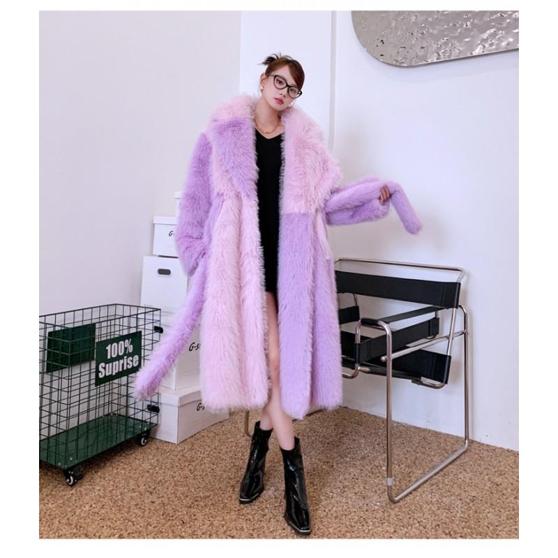 Faux Fox Fur Long Coat Women Irregular Hem Blazer Collar Colorblock Winter Jacket