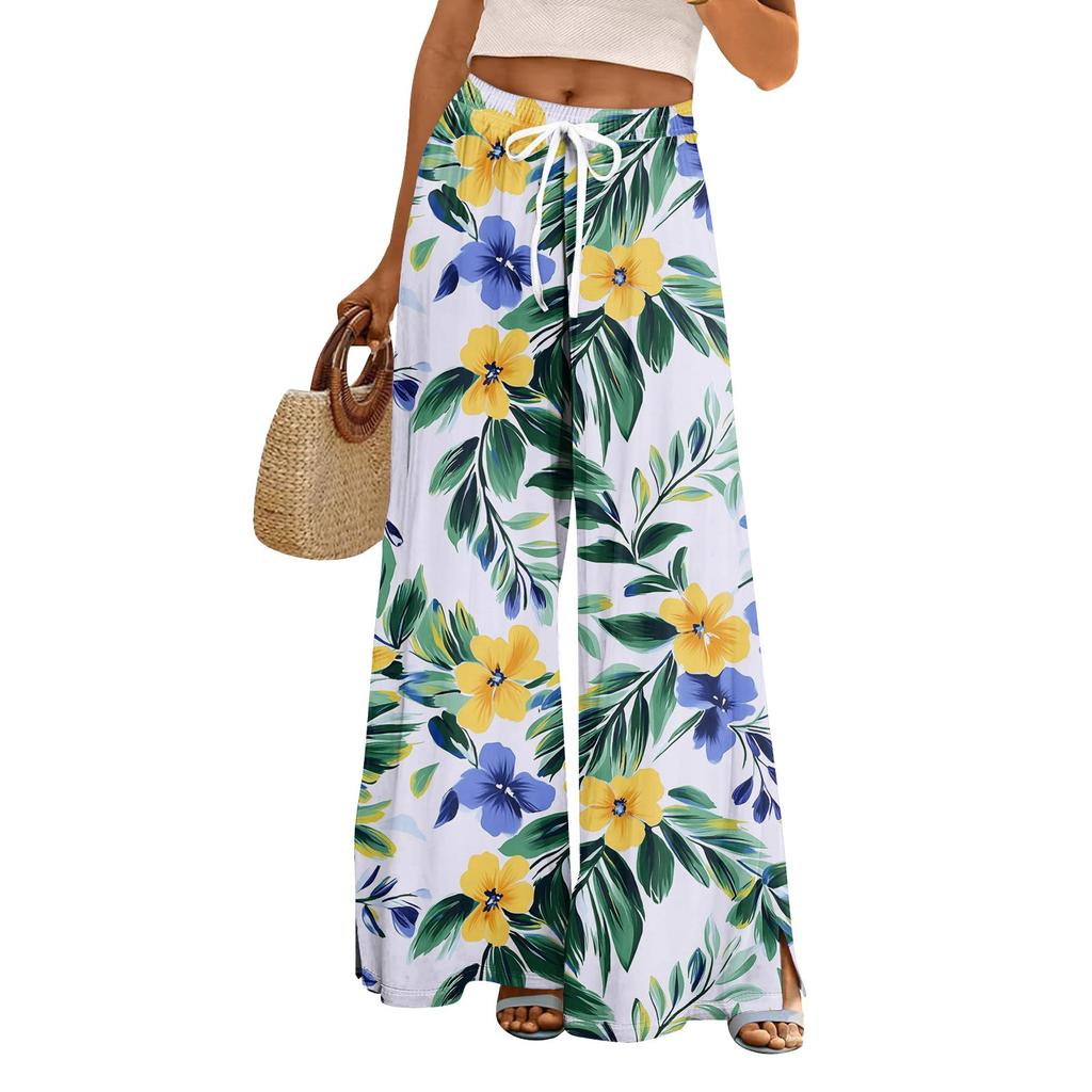 Women's Loose Casual Floral Print Wide Leg Pants With Elastic Waist Drawstring And Pocket Pants
