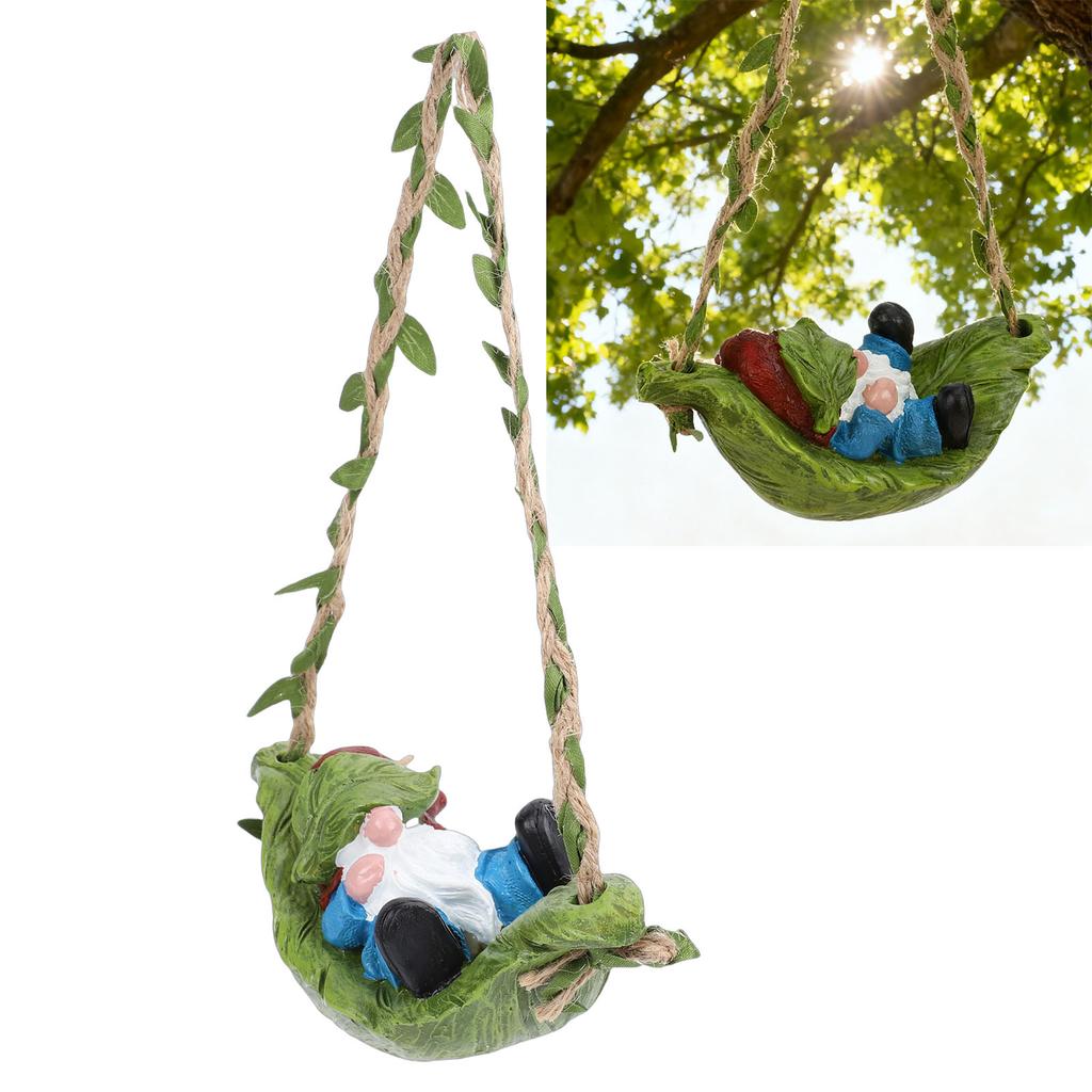 Garden Gnome On Leaf Hammock Statue Cute Resin Swinging Outdoor Yard Decor Fairy Garden Ornament
