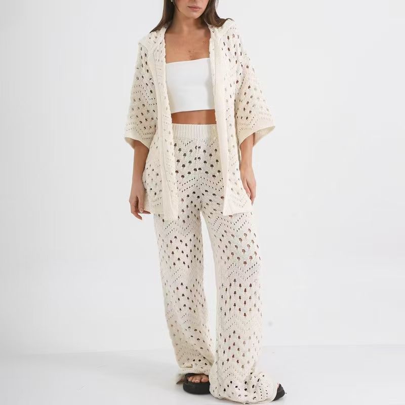 

Fashion Wind New Sexy Openwork Knitted Top Pants Suit Knitted Top and Pants Set Milky White M
