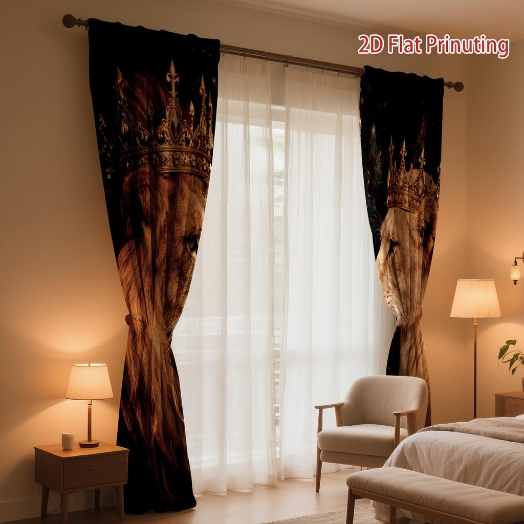 2Pcs Polyester Double Lion Crown Printing Window Curtains Birthday Party Decoration Backdrop Drapes for Living Room