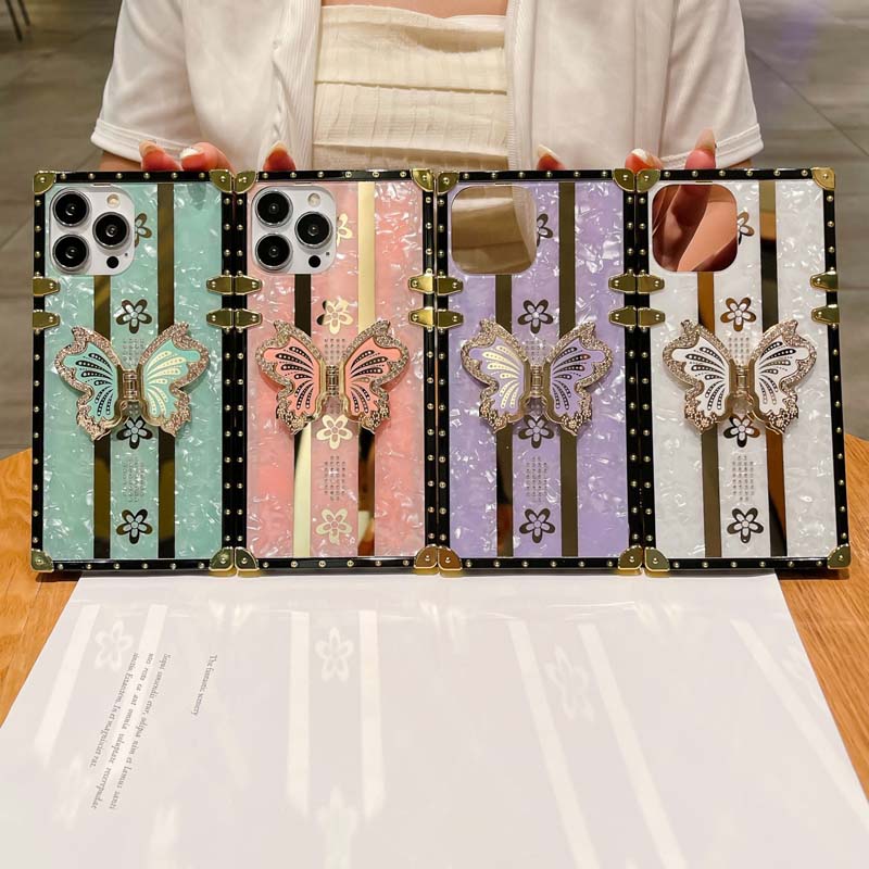 Luxury Diamond Butterfly Stand Holder Shell Pattern Square Type TPU Mobile Phone Cover Case for Samsung Galaxy S21 S22 S23 S24