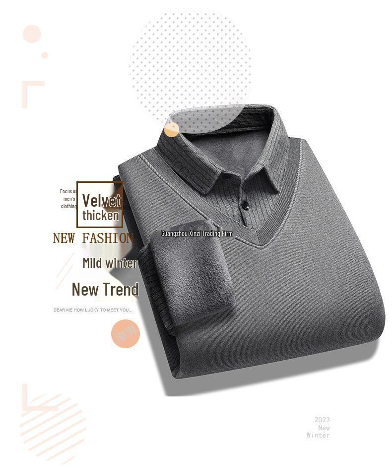 Pull d'hiver doublé polaire pour homme: Chaud Pull Deux-en-Un à Manches Longues pour l'Extérieur, Parfait pour les Pères d'Âge Moyen et les Personnes Âgées.