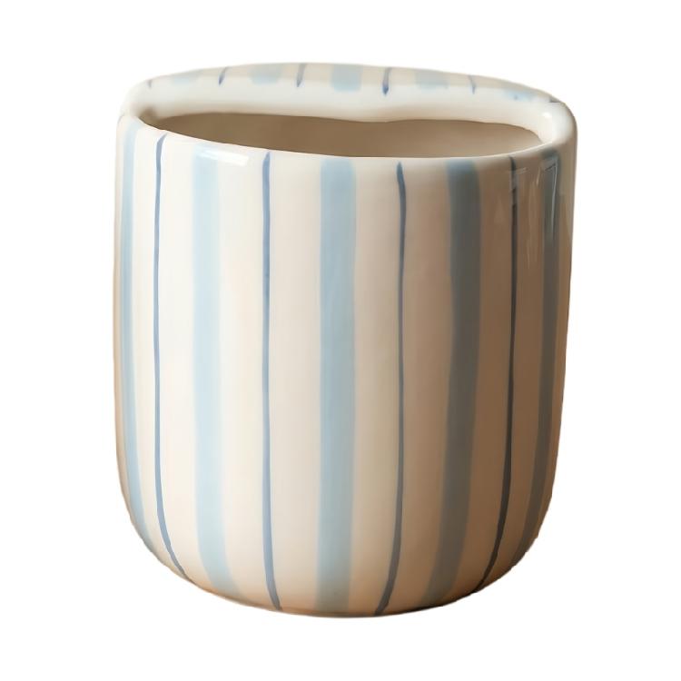 

Hand-Painted Striped Ceramic Drinking Cup Leak Resistant Mug for Hot And Cold Beverages Dishwasher Safe Drinkware светло-синий