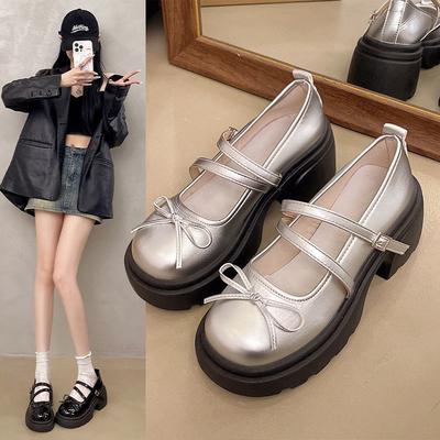 Thick-soled Shallow-mouth Small Leather Shoes Single Shoes New Bow French Style with Thick-soled Mary Jane Retro Shoes In Summer
