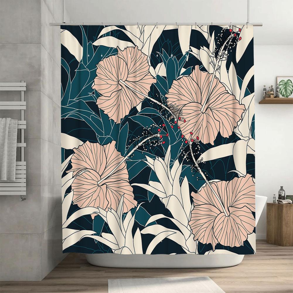 High-Quality Fabric Shower Curtain with White Hibiscus Flowers Printed in Greenish Blue Perfect Decor for Your Bathroom