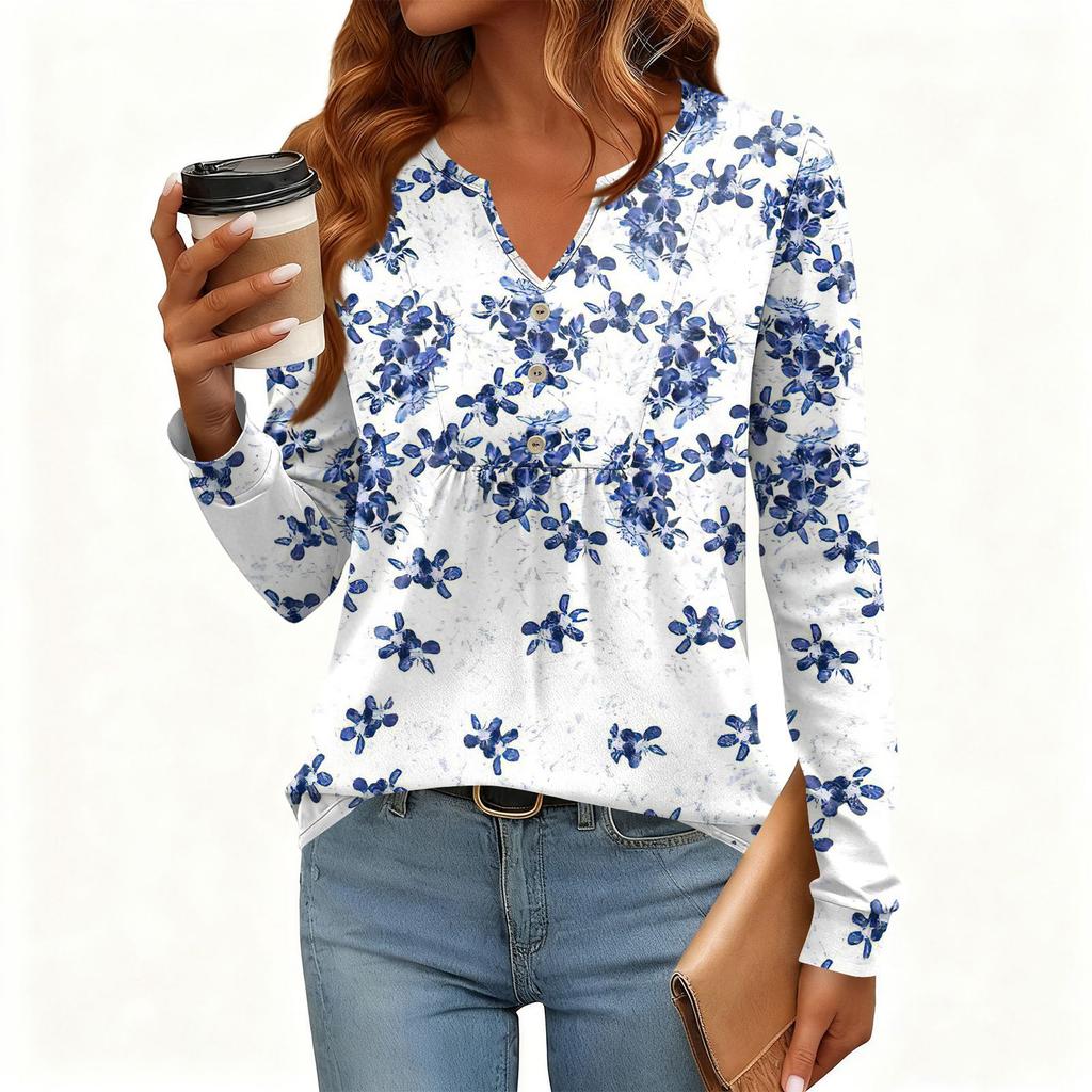 Women's Relaxed,Fit V,Neck Vintage Color,Blocked Floral Print Long,Sleeve Pullover Tee