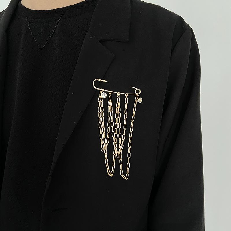 Men's Trendy Long Chain Suit Brooch - European & American Style Pin with Unique, High-End Design
