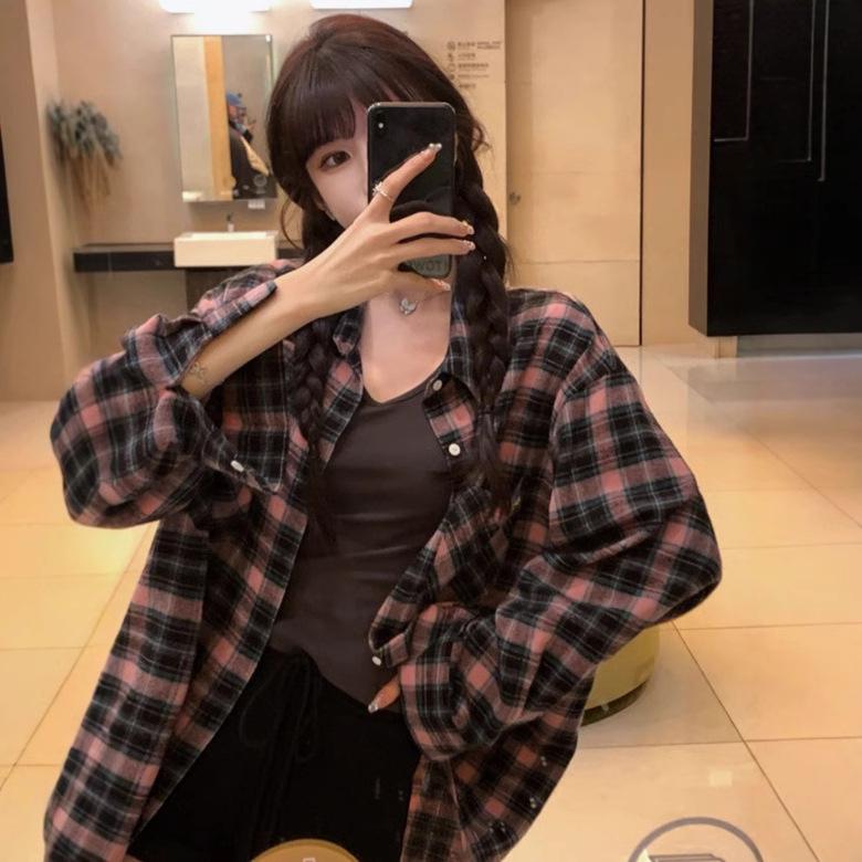 

Elegant Black and Pink Plaid Preppy Shirt: 2025 Loose, Casual, Long Sleeve Sun Protection Top for Women Small