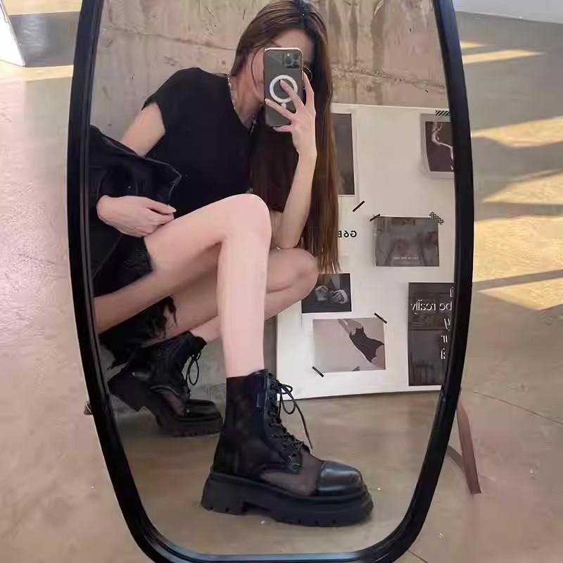 Summer Women's 2025 New Black Thick Soled Short Boots Breathable Thin Boots Women's Hollow Mesh Boots Summer Mesh