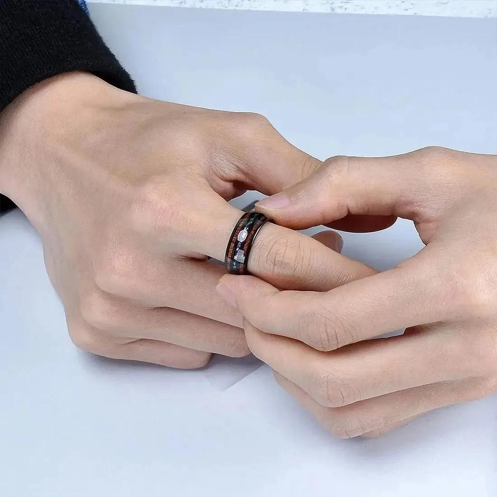 Fashion 8mm Men Black Stainless Steel Rings Hawaiian Koa Wood Inlay Abalone Shell Rings For Men Women Wedding Band  Gifts