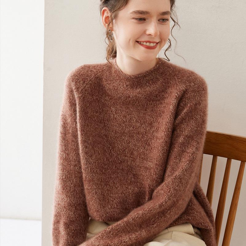 Women's Round Neck Boucle Cashmere Pullover - Autumn/Winter Thick Loose Fit Sweater Base Layer