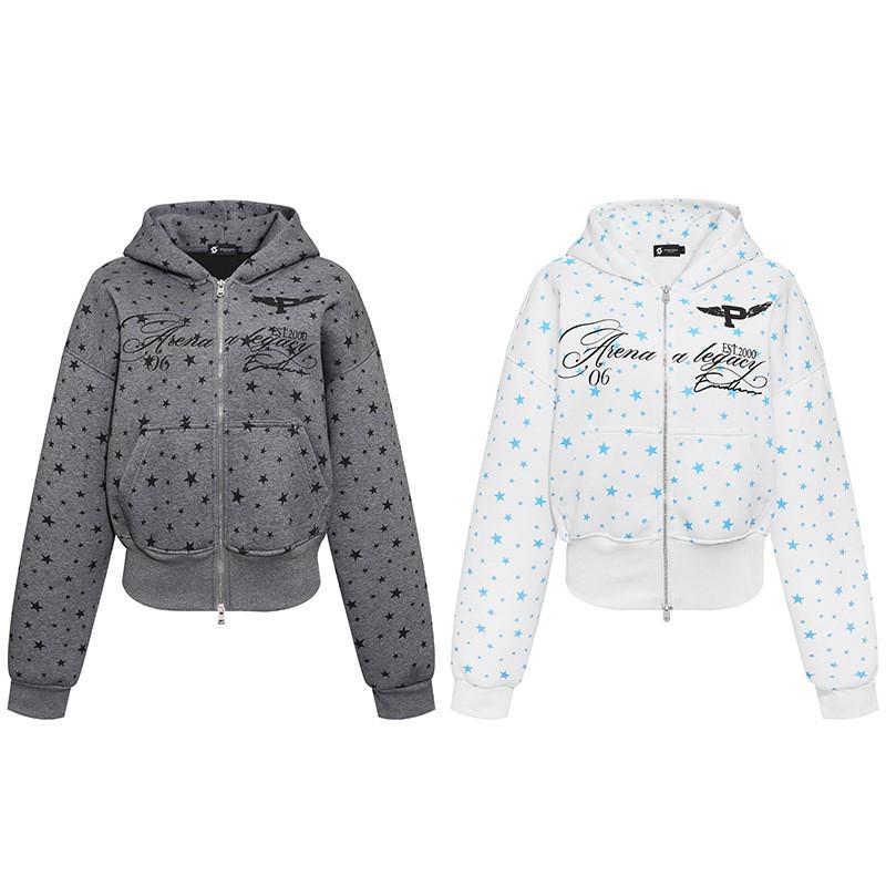 American Retro Star Print Hoodie Loose Fit Cropped Zip Up Streetwear Teens