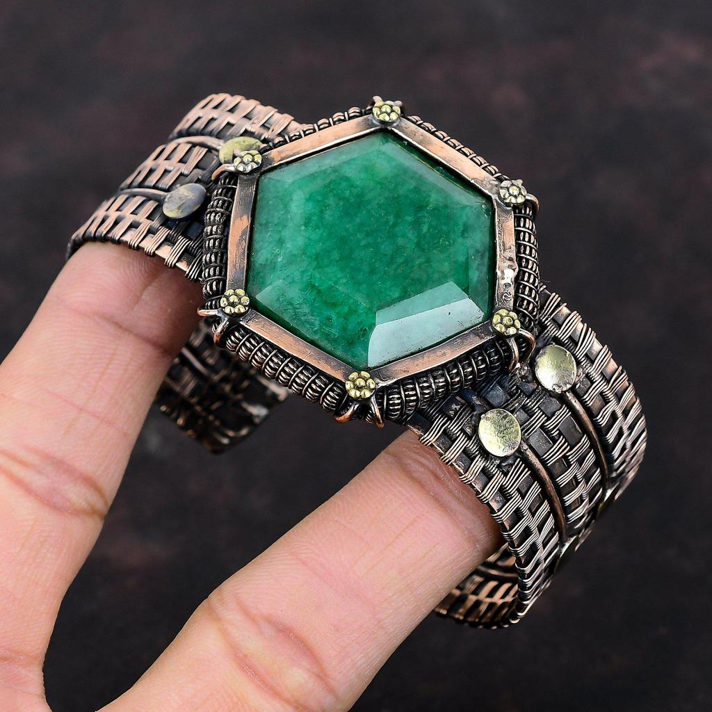 Faceted Zambian Emerald Bangle Copper Wire Wrapped Cuff Bracelet Adjustable Bangle Handmade Gemstone Bangle Copper Wire Jewelry Gift For Her