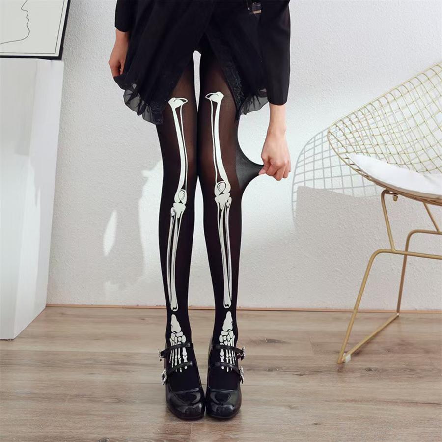 1 Piece White Bone Print Sexy Black Pantyhose, Valentine'S Day Exclusive, Gothic Bone Pattern, Anti-Snag & Ultra-Thin