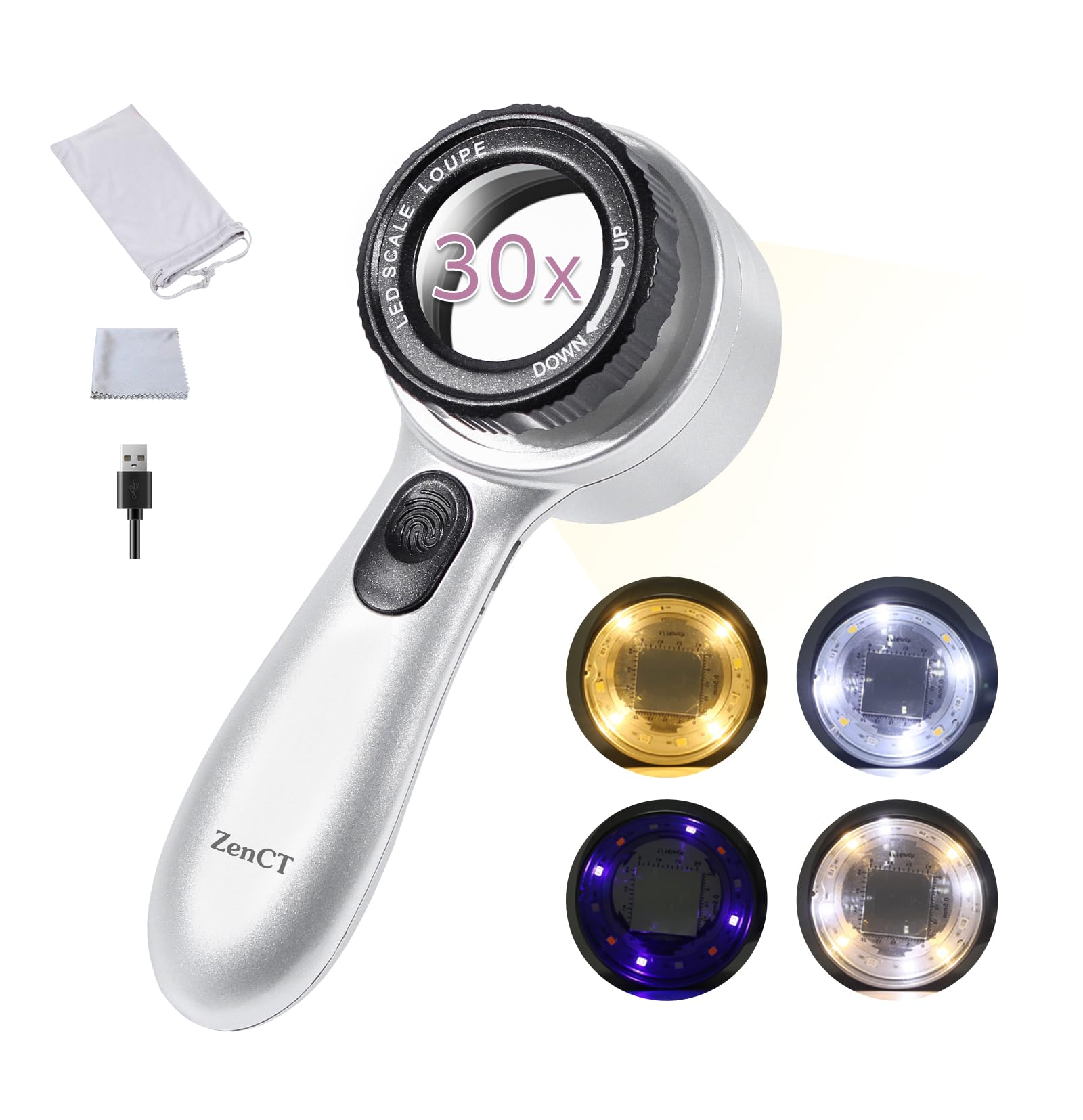 

ZenCT Handheld Magnifying Glass, 30x Magnification, 3.3cm Diameter Lens, Jewelry Loupe with UV Light, 4 Color Temperature LEDs, Adjustable Focal
