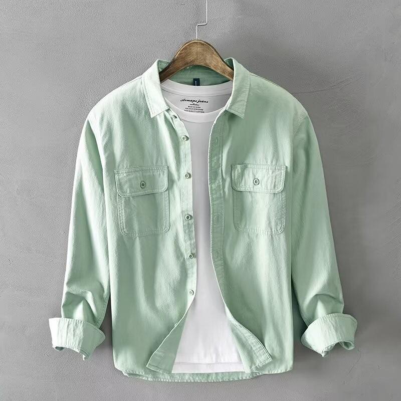 Men's High-End Cotton Pique Workwear Shirt – Loose Casual Button-Down Long Sleeve Top