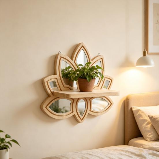Lotus Flower Wall Shelf Wooden Floating Wall Planter Holder Boho Minimalist Hanging Decor with Mirrors for Living Room Bedroom Yoga Meditation Space