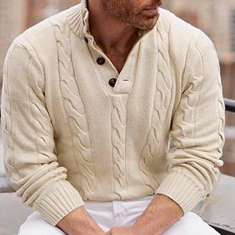 Spring and Autumn New Men's Clothing American-Style Button-Up Stand-Up Collar Knitwear Casual Cable Knit Solid Color Pullover Sweater Sy0017