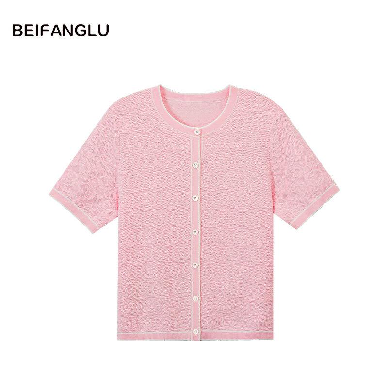 Tulip Jacquard Knit Short Sleeve Women's Cardigan in Lyocell Triacetate