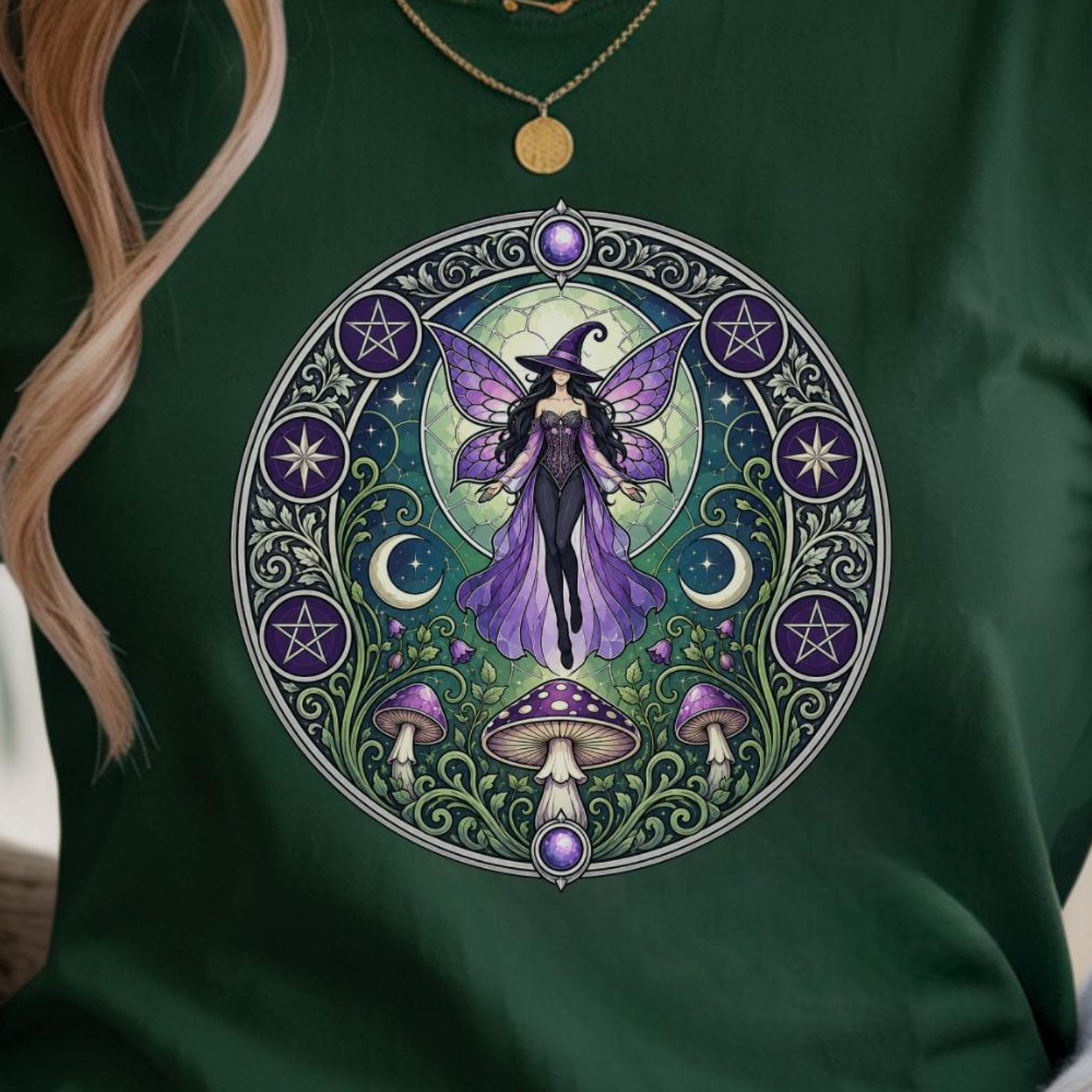 Purple Fairy Witch Shirt | Mystical Moon Fairy Art | Cottagecore Tee L