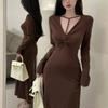 Women's Elegant Brown Halter V Neck Twist Front Long Sleeve Maxi Dress