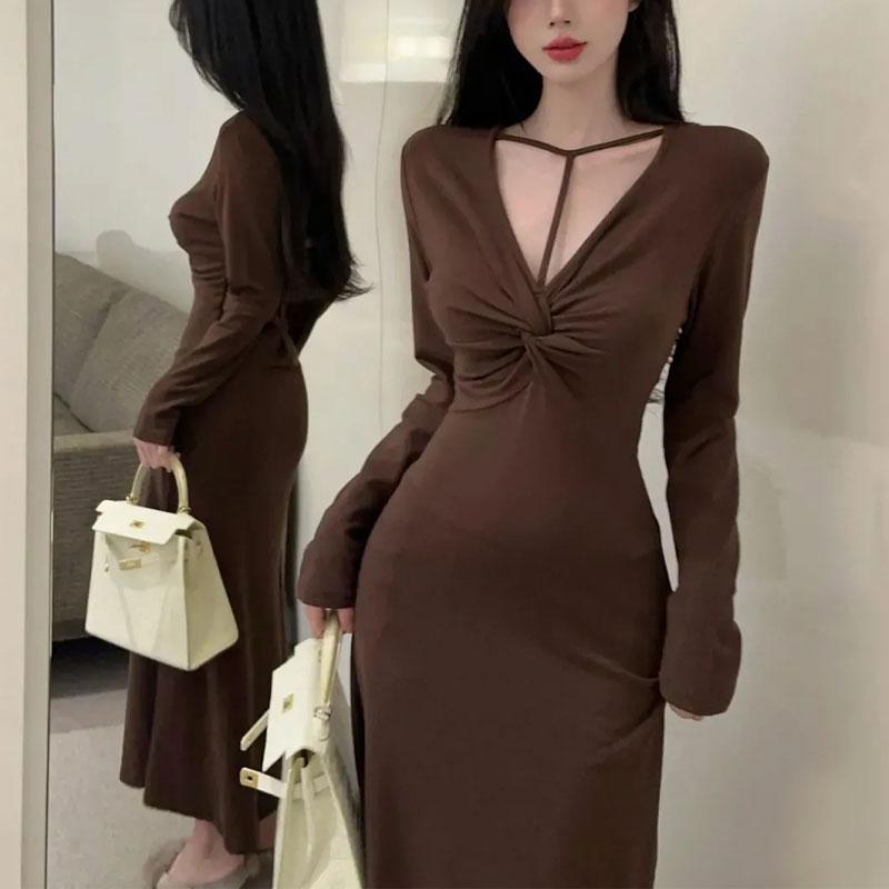 Women s Elegant Brown Halter V Neck Twist Front Long Sleeve Maxi Dress S коричневый