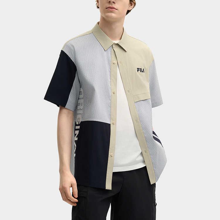 Fila Original Soft Comfortable Striped Letter Splicing Versatile Loose Short Sleeve Shirt Men Shirts Light-Khaki F11M529403F-DK
