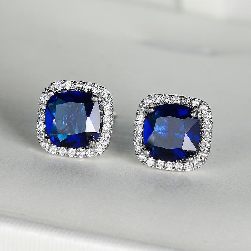 South Korea's new water blue square zircon diamond-encrusted stud earrings personalized versatile jewelry