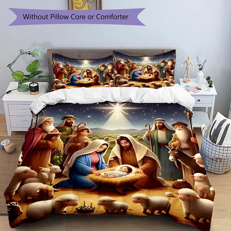 3pcs Christmas Nativity Scene Bedding Set - Includes One Quilt Cover and Two Pillowcases (No Core) - Festive Decoration for Bedroom and Guest Room, An 135x200cm
