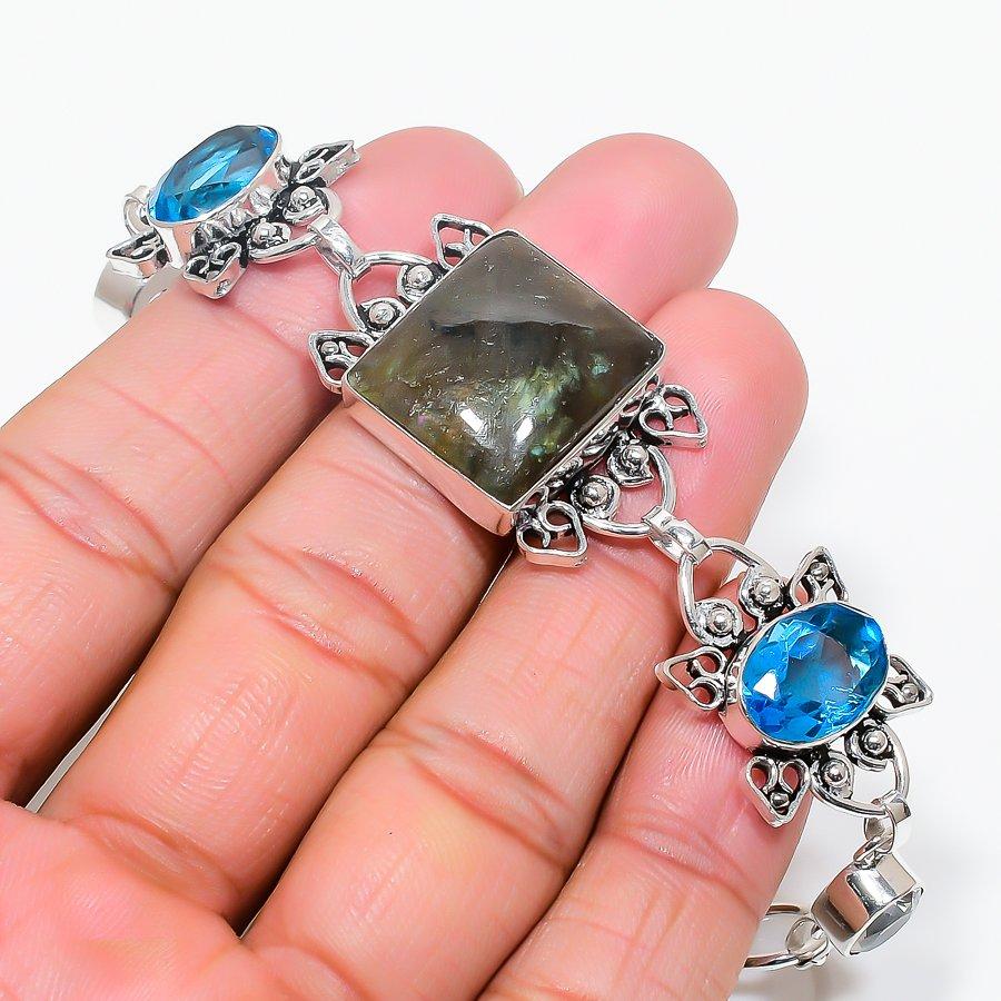 Labradorite, Blue Topaz Gemstone Handmade 925 Sterling Silver Bracelet 7-8" GK-7204