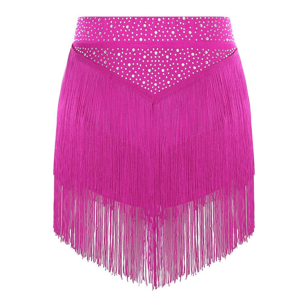 Womens Salsa Dance Costume Elastic Waist Tiered Tassel Skirt Latin Performance Competition Outfit Party Wear