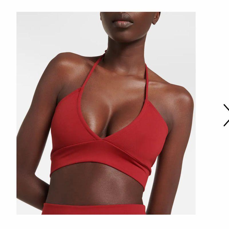 

Europe and America Cross Border Sexy Sports Intimates Sling Women s Plaid Strap Nude Feel Big Strap Showing Chest Pad Yoga Clothes Halterneck Brown red S