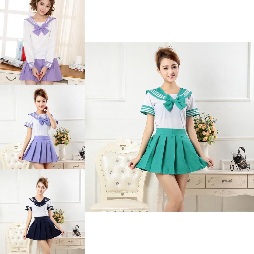 Charming Japanese School Girl Dress Outfit Cosplay Costume Set With Turn-down Collar