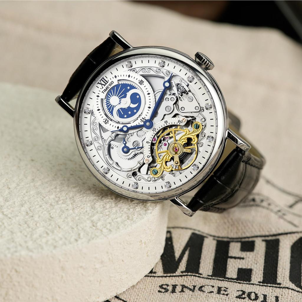 TIME100 Luxury Men's Automatic Skeleton Watch with Stainless Steel and Genuine Leather Band, 50M Water Resistance (Silver)