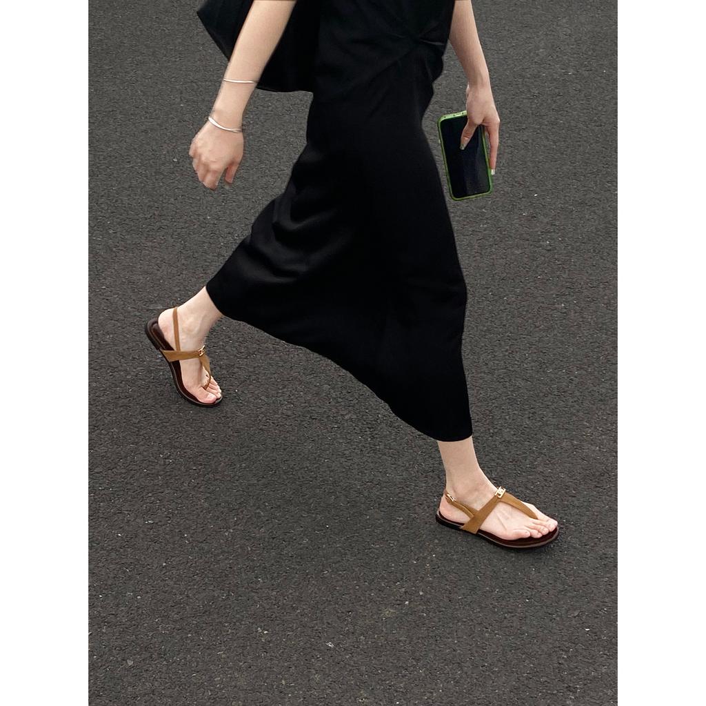 Schafleder Retro Kneif-Füße echtes Leder dicke Sohle mit Sandalen Damen Sommerbekleidung Zehensandalen Damenschuhe Römische coole Hausschuhe