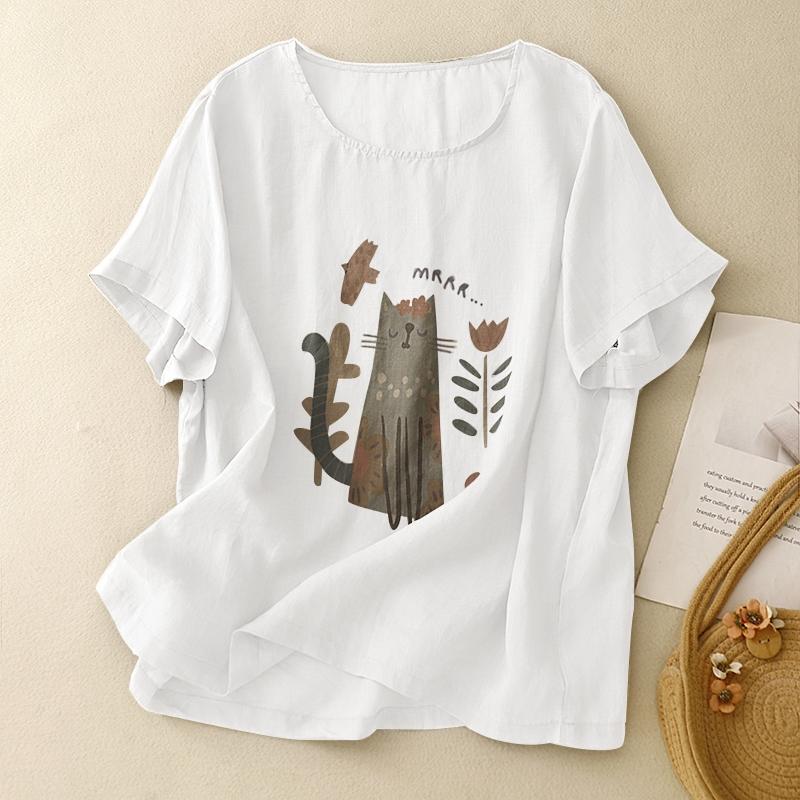 Dimanaf 2025 Women Summer Plus Size Loose T-Shirt Vintage Printing Linen Basic Tops Tees Maxi