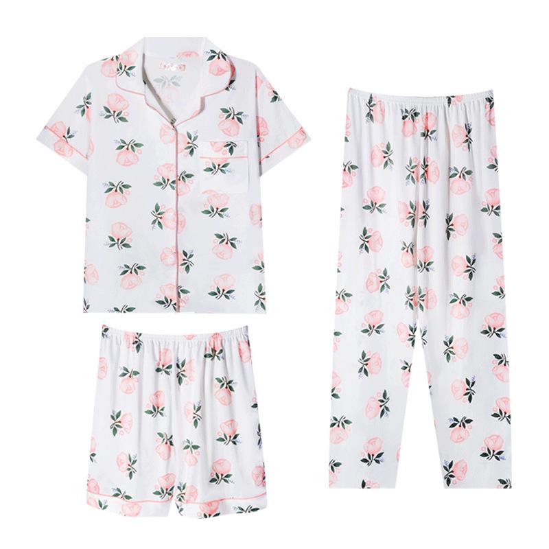 Spring and Summer High-end Pajamas Women's Short-sleeved Three-piece Set Casual Women's Imitation Cotton Loungewear Large-size Set