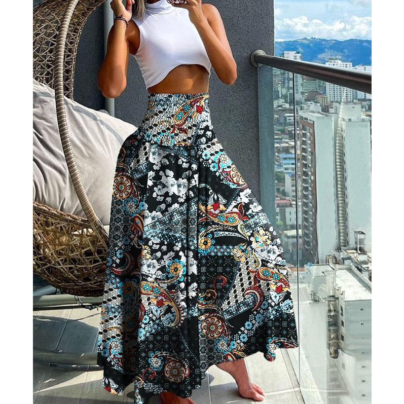 Women's Fashion Floral Print Skirt Casual High Waist Loose Long Skirts For Women Boho Holiday Beach Party Womens Clothing Summer