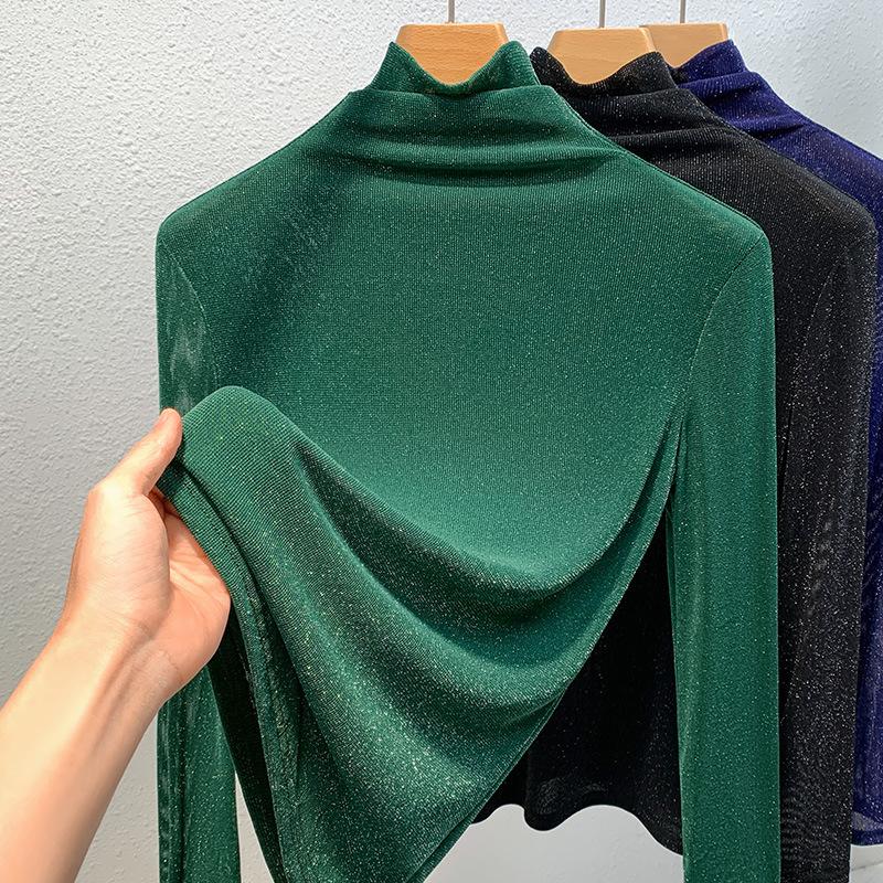 

Женская осенне-зимняя рубашка с высоким воротом из яркой шелковой сетчатой пряжи, эластичная внутренняя отделка на талии