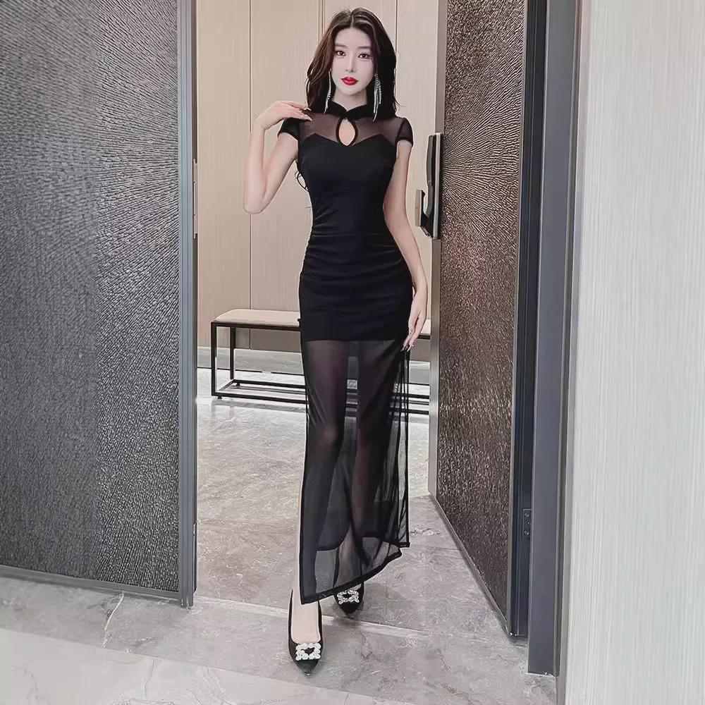 

Весняно-літня вечірня сукня Cheongsam з сітки для нічного клубу 2025 року S чорний