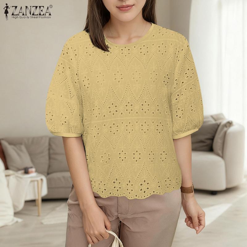 ZANZEA Women Casual Round Neck Short Sleeve Embroidery Crochet Patchwork Blouse