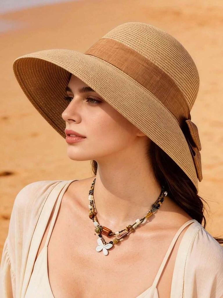 Womens Solid Color Bow Straw Hat Wide Brim Woven Sun Hat For Beach Travel Summer