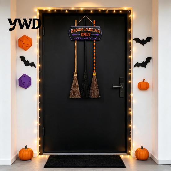 Creative Witch Broom Silhouette Halloween Parking Sign with 3 Pcs Wooden Witches Brooms, Hocus Pocus Seasonal Home Wall Ornament Themed Hanging