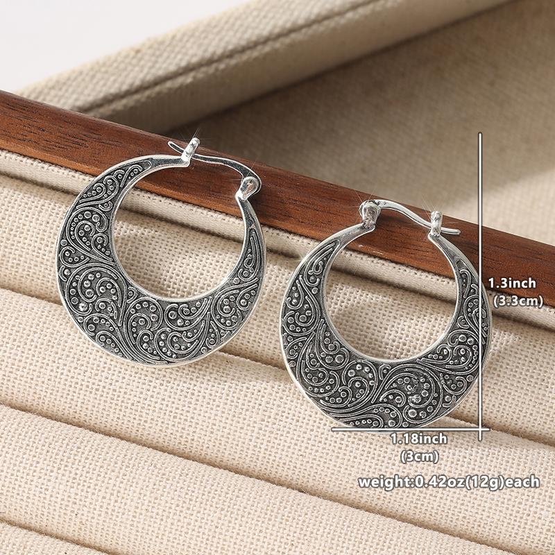 Ethnic Style Vintage Carving Silvery Plated Circle Hoop Earrings For Women Daily Vocation Fashion Metal Earrings Jewelry