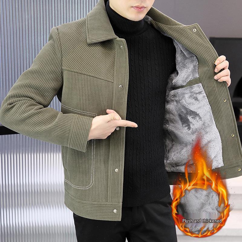 Men's Short Woolen Lapel Coat - Warm Autumn/Winter Casual Jacket with Plus Velvet