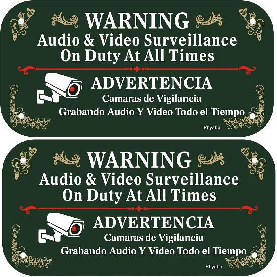 2 Pack Audio & Video Surveillance On Duty At All Times Sign, 12 x 6 inch Rust Free Aluminum Sign, Weather Resistant, Waterproof, Durable Ink, Easy to